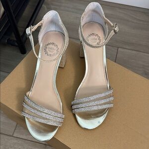 Gold Rhinestone Ankle-Strap Block Heels